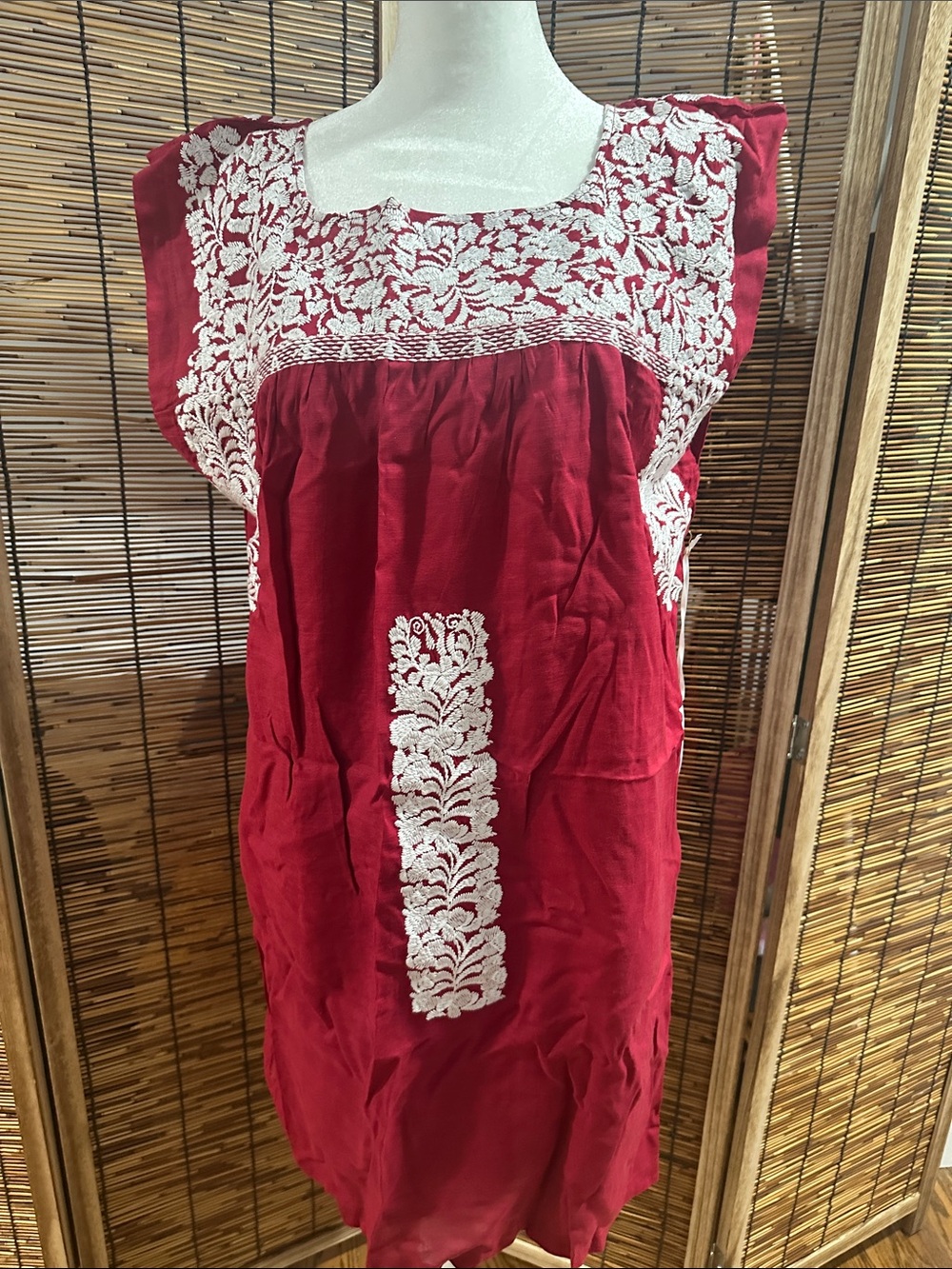 Embroidered Sleeveless Cotton Dress in crimson